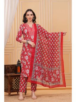 Gahan - Women Red Floral Cotton Kurta with Pant & Dupatta