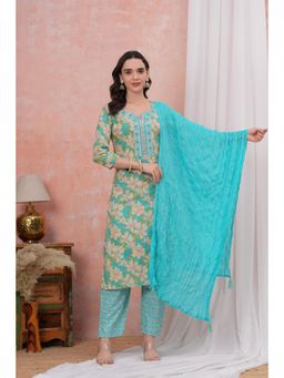 Gahan - Women Floral Printed Green Cotton Kurta with Pant & Dupatta