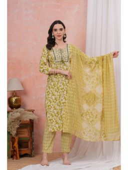 Gahan - Women Floral Printed Green Cotton Kurta Pant Dupatta