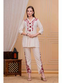 Gahan - Women Red with Beige Embroidery Cotton Flex Co-Ord Set