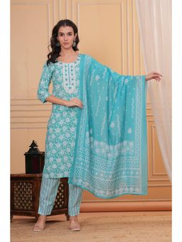 Gahan - Women Sky Blue Floral Printed Cotton Kurta with Pant & Dupatta