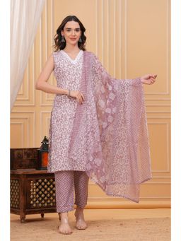 Gahan - Women Floral Printed Brown Cotton Kurta with Pant & Dupatta