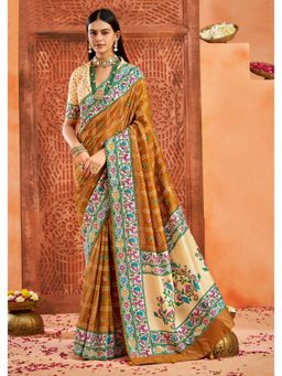 Gahan - Ghatchola Print and Paithani Pallu Peru Mustard Silk Blend Saree with Unstitched Blouse