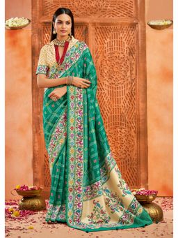 Gahan - Ghatchola Print and Paithani Pallu Firozi Turquoise Silk Blend Saree with Unstitched Blouse