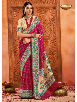 Gahan - Ghatchola Print and Paithani Pallu Magenta Silk Blend Saree with Unstitched Blouse