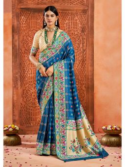 Gahan - Ghatchola Print and Paithani Pallu Cobalt Blue Silk Blend Saree with Unstitched Blouse