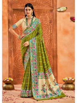 Gahan - Ghatchola Print and Paithani Pallu Olive Silk Blend Saree with Unstitched Blouse