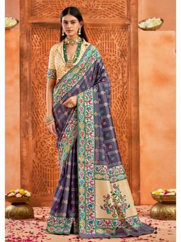 Gahan - Ghatchola Print and Paithani Pallu Indigo Silk Blend Saree with Unstitched Blouse
