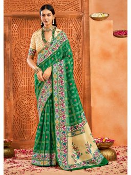 Gahan - Ghatchola Print and Paithani Pallu Green Silk Blend Saree with Unstitched Blouse