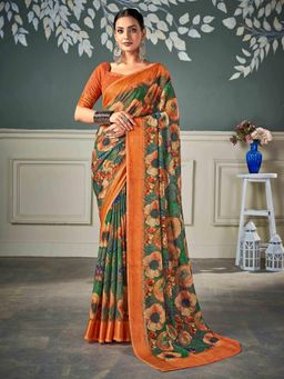 Gahan - Nylon Chiffon Golden Chiffon Green Saree with Unstitched Blouse