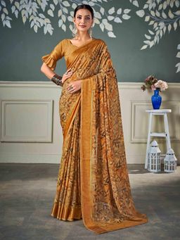 Gahan - Nylon Chiffon Golden Mustard Saree with Unstitched Blouse