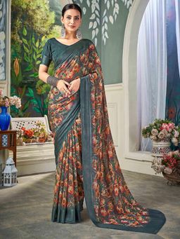Gahan - Nylon Chiffon Golden Teal Saree with Unstitched Blouse