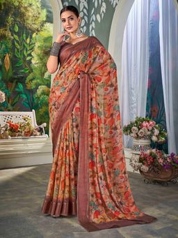 Gahan - Nylon Chiffon Golden Multi-Color Saree with Unstitched Blouse