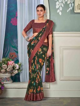 Gahan - Nylon Chiffon Golden Green Saree with Unstitched Blouse