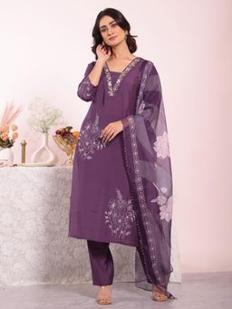 Gahan - Purple Embroidered Embellished Silk Blend Straight Kurta with Pant & Dupatta