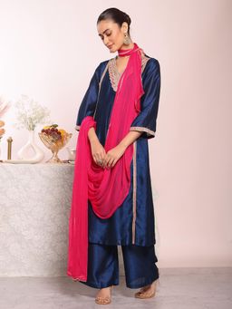 Gahan - Womens Embroidered Silk Blend Straight Kurta with Palazzo & Chiffon Dupatta