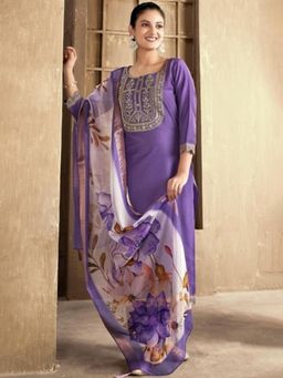 Gahan - Purple Embroidered Cotton Rayon Kurta with Pant & Dupatta