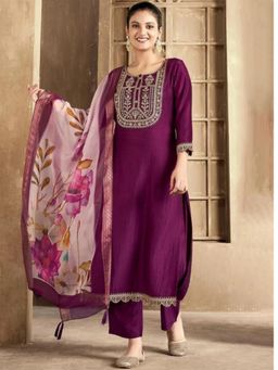 Gahan - Purple Embroidered Cotton Rayon Kurta with Pant & Dupatta