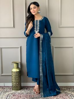 Gahan - Blue Embroidered Cotton Rayon Kurta with Pant & Dupatta