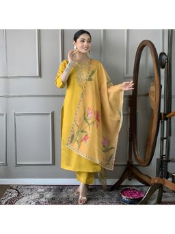 Gahan - Yellow Embroidered Cotton Rayon Kurta with Pant & Dupatta