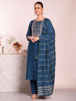 Gahan - Teal Zari Embroidered Silk Blend Straight Kurta with Pant & Banarasi Dupatta