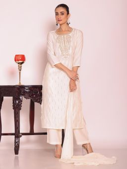 Gahan - Embroidered Embellished Silk Blend Straight Kurta with Pant & Dupatta