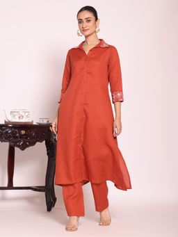 Gahan - Rust Embroidered Thread Work Kurta with Pant