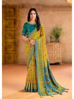 Gahan - Silk Blend Position Brasso Foil Yellow Saree with Unstitched Blouse