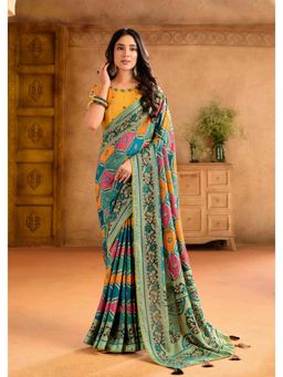 Gahan - Silk Blend Position Brasso Foil Green Saree with Unstitched Blouse