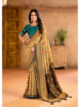 Gahan - Silk Blend Position Brasso Foil Beige Saree with Unstitched Blouse
