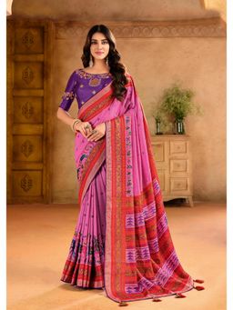 Gahan - Silk Blend Position Brasso Foil Pink Saree with Unstitched Blouse