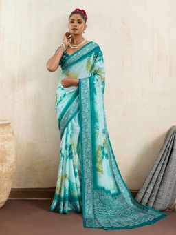 Gahan - Teal Digital Printed Cotton Silk Saree with Unstitched Blouse