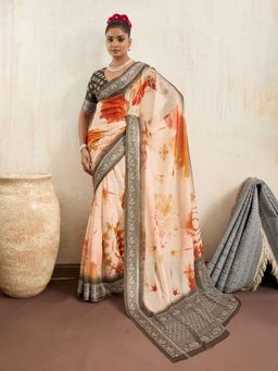 Gahan - Grey Digital Printed Cotton Silk Saree with Unstitched Blouse