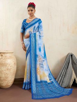 Gahan - Blue Digital Printed Cotton Silk Saree with Unstitched Blouse