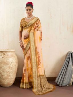 Gahan - Beige Digital Printed Cotton Silk Saree with Unstitched Blouse