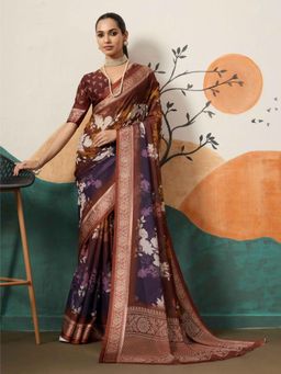 Gahan - Brown & Purple Digital Printed Cotton Silk Saree with Unstitched Blouse