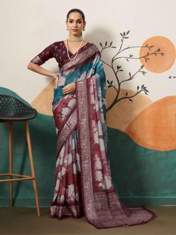 Gahan - Blue & Wine Cotton Silk Saree with Unstitched Blouse