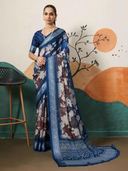 Gahan - Blue & Brown Cotton Silk Saree with Unstitched Blouse