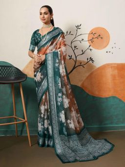 Gahan - Teal & Orange Cotton Silk Saree with Unstitched Blouse
