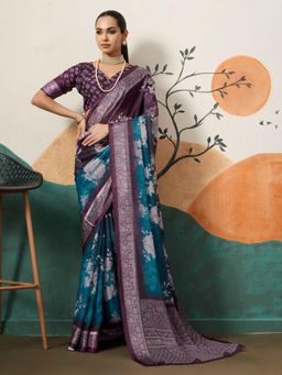 Gahan - Wine & Teal Cotton Silk Saree with Unstitched Blouse