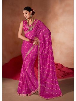 Gahan - Moss Chiffion Foil Print Pink Saree with Unstitched Blouse