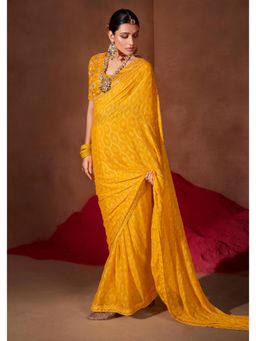 Gahan - Moss Chiffion Foil Print Yellow Saree with Unstitched Blouse