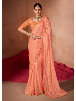 Gahan - Moss Chiffion Foil Print Peach Saree with Unstitched Blouse