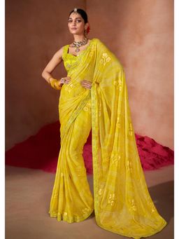 Gahan - Moss Chiffion Foil Print Lemon Yellow Saree with Unstitched Blouse