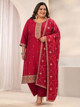 Extra love by Libas - Women Silk Blend Red Kurta With Pant & Dupatta