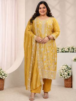 Extra love by Libas - Women Silk Blend Mustard Kurta With Pant & Dupatta