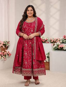 Extra love by Libas - Women Silk Blend Red Kurta With Pant & Dupatta