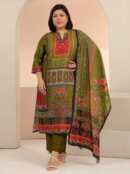 Extra love by Libas - Women Muslin Green Kurta With Pant & Dupatta