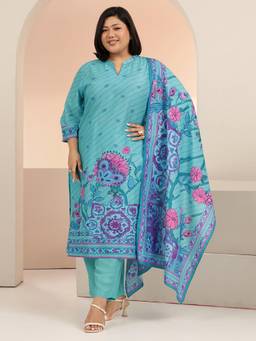 Extra love by Libas - Plus Size Blue Floral Printed Straight Suit Set