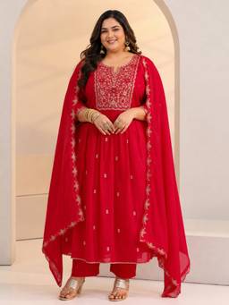 Extra love by Libas - Women Chanderi Red Kurta With Pant & Dupatta